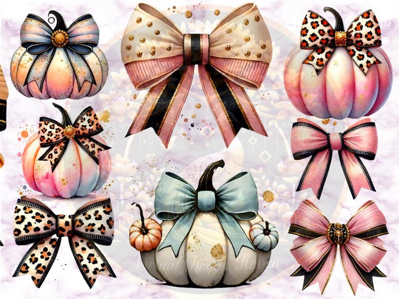 Watercolor Pumpkin Bow Clipart Set, Fall Coquette Graphics (digital ...