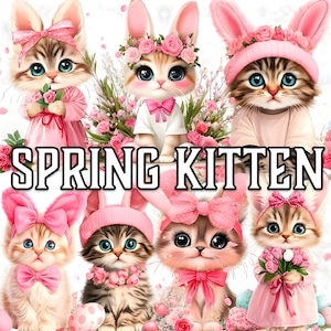 Clipart chaton de Pâques mignon, 28 printemps lapins chats PNG, stickers numériques rose pastel, aquarelles bébés animaux, graphiques mignons pour animaux de compagnie, décoration de Pâques