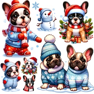 Frenchie  Christmas Clipart, Cute Holiday Dog PNG, Winter Adorable Puppy, Digital Planner Stickers, French Bulldog Sublimation Print