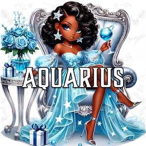 Verseau zodiaque fille clipart, sublimation afro glam fashion girl, Verseau art numérique PNG, signe astrologie Clipart pour les modèles de gobelets