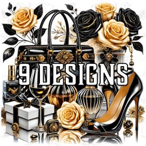 Noir et or Glam Clipart luxe mode talons hauts parfum sac à main roses Art numérique Sublimation graphique ensemble DTF Tshirt