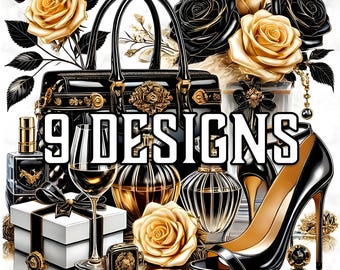 Black & Gold Glam Clipart: Luxury Fashion Graphics (Digital Art)
