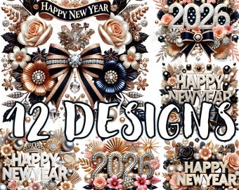 Luxury New Year Clipart Set, Black Gold Rose, Pearls Bows (Digital PNG)