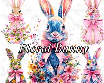Akvarell blommig påskhare Clipart: Boho PNG (digital nedladdning)
