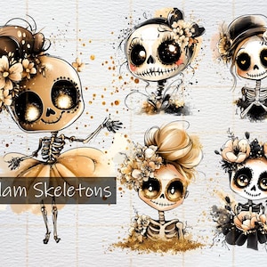 Süßes Halloween Clipart Bundle, Black Glam Glitter Skelette, Halloween Digital Süßes Gothic Skelett PNG, Tag der Toten Kunst, kommerzielle Nutzung