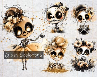 May include: Four cartoon skeletons with gold accents and floral details. The skeletons are dressed in various outfits, including a tutu, a flower crown, and a top hat. The text "Glam Skeletons" is written below the skeletons.