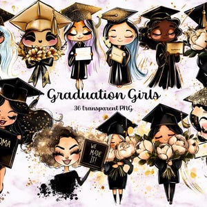 Black Glam Graduation Fashion Girls Clipart, 36 PNG-Bundle, Graduierung Illustrationen, Diplom, Blumen, Sublimationskunst von Drawzilula Künstler