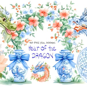 40 Clipart dragon chinois aquarelle, année du Dragon PNG, nouvel an lunaire, Floral oriental, Illustration Dragon bleu, téléchargement numérique