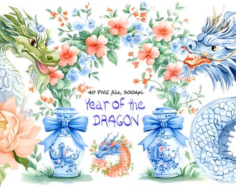 Watercolor Chinese Dragon Clipart: Lunar New Year PNG (Digital Download)