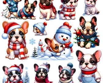 Winter French Bulldog Clipart Bundle: Christmas Puppy PNG (Digital Download)