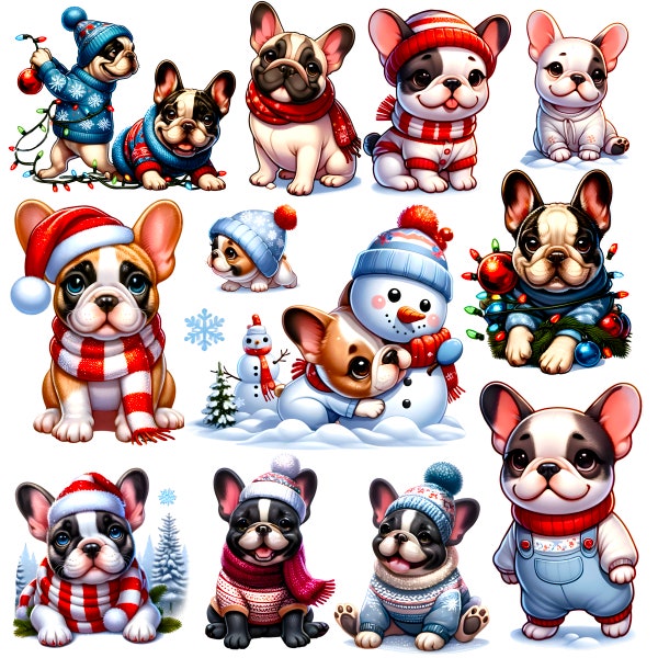 Cute French Bulldog Mega bundle Clipart - Winter & Christmas, part 1, Cute puppy, Festive Lights, Commercial use, transparent png, cute pupp