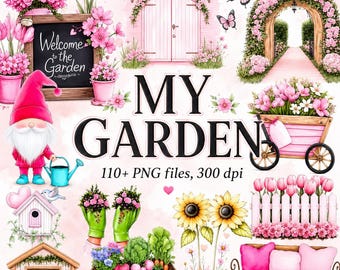 Garden Clipart Bundle, Pink Spring Garden PNG, Floral Gnome, Watercolor Flowers, Gardening Tools, Cottage Garden Digital Graphics Set
