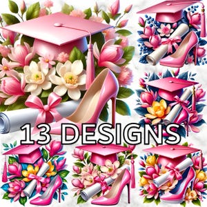 13 Rosa Abschlussfeier Clipart PNG, Magnolienblumen Senior Cap Art, High Heel Diploma Sublimationsgrafiken, Mädchen Grad Party Printable Bundle