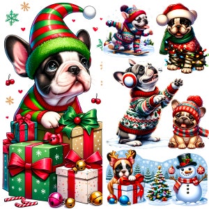 French Bulldog Christmas Clipart Bundle | Winter & Holiday Dog PNGs | Cute Puppies with Festive Lights, Hats and Scarves | Commercial Use