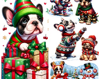 French Bulldog Christmas Clipart: Holiday Puppy PNG Bundle (Commercial Use)
