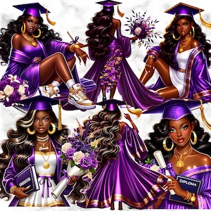 29 Violet Graduation Girl Clipart Bundle Black Girl PNG, Purple Cap Gown Sublimation Art for Graduation Invitations Cards Cricut Stickers