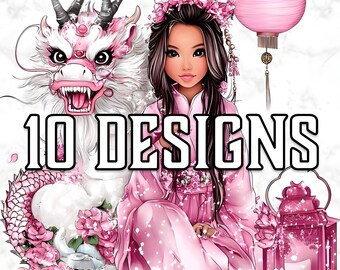 Chinese New Year PNG Clipart: Princess, Dragon, Lanterns (Digital Download)