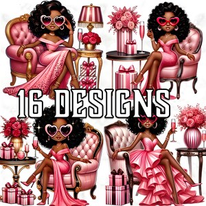16 Clipart di ragazze alla moda africane, adesivi digitali rosa glamour, PNG diva con capelli ricci, donna chic, clipart di ragazze nere alla moda, fashionista afro