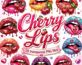 Cherry Lips Clipart Bundle, Glam Lips PNG, Rhinestone Lips with Cherries, Pink Glitter Lipstick Digital Download, 78 PNG Files