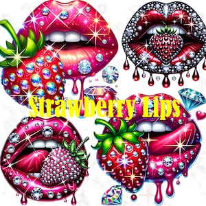 Strawberry-themed glam lips clipart featuring glittery pink lips, strawberries, diamonds, pearls, and sweet candy accents. High-resolution PNGs for sublimation, stickers, beauty branding, planner designs, and girly party decor. Fun, feminine, and sparkly digital art for glam projects.