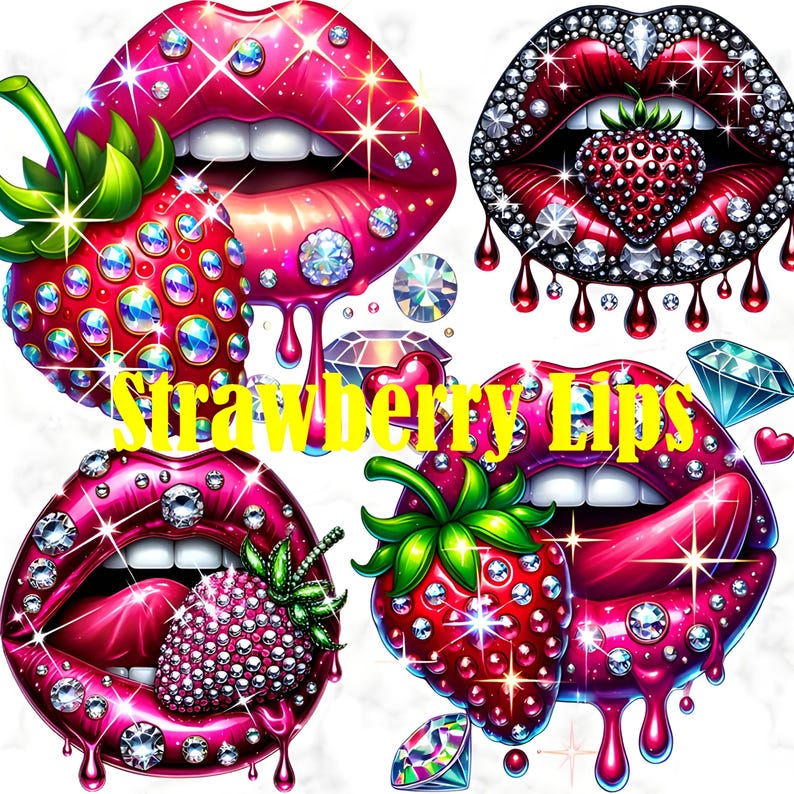 Strawberry-themed glam lips clipart featuring glittery pink lips, strawberries, diamonds, pearls, and sweet candy accents. High-resolution PNGs for sublimation, stickers, beauty branding, planner designs, and girly party decor. Fun, feminine, and sparkly digital art for glam projects.