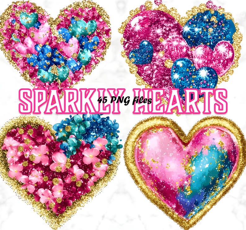 Glitter Hearts Clipart: Pink, Blue & Gold Heart Pngs (commercial Use ...