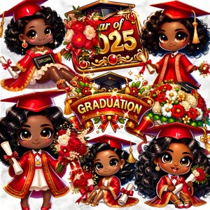 28 Clipart di ragazze laureate rosse 2025 Adesivi per sublimazione PNG di ragazze nere per biglietti, inviti, decorazioni per feste, artigianato, uso commerciale