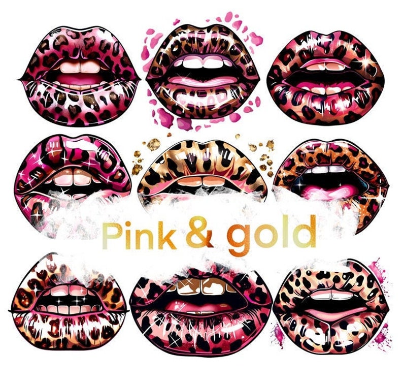 a bunch of pink and gold lips on a white background