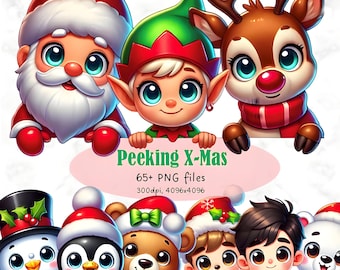 Peeking Christmas Clipart Bundle, Cute Kawaii Holiday Characters, Xmas Stickers PNG, Peeking Kids & Animals, Mug Sublimation, Scrapbook Art