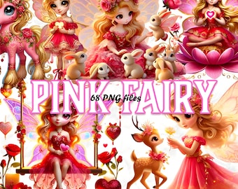 Könnte beinhalten: Ein digitales Clipart-Set mit rosa Feen, Hasen, einem Reh und einem Einhorn. Die Feen tragen rosa Kleider und haben Flügel. Die Hasen sind weiß und flauschig. Das Reh ist braun mit einer rosa Blumenkrone. Das Einhorn ist rosa mit einer Regenbogenmähne und einem Regenbogen-Schwanz. Das Set enthält 68 PNG-Dateien.