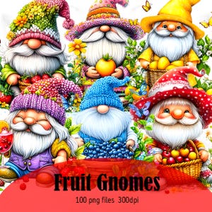 Imágenes prediseñadas de gnomos adorables, 100 gnomos frutales de acuarela para manualidades, adorables imágenes PNG para scrapbooking, diseño de camiseta DTF de verano, buen rollo