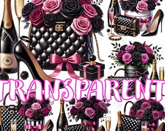 Black and Pink Glam Clipart: High Heels, Roses, Champagne (PNG Digital Download)