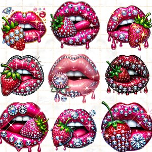 Puede incluir: Una colecci&oacute;n de nueve ilustraciones digitales que presentan labios estilizados en tonos rosa y rojo, adornados con brillantes pedrer&iacute;a y fresas. Cada dise&ntilde;o tiene un efecto de goteo, agregando un toque glamuroso.