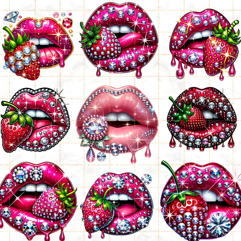 Puede incluir: Una colecci&oacute;n de nueve ilustraciones digitales que presentan labios estilizados en tonos rosa y rojo, adornados con brillantes pedrer&iacute;a y fresas. Cada dise&ntilde;o tiene un efecto de goteo, agregando un toque glamuroso.
