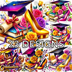 23 lebendige Abschlussfeier Clipart PNG Bundle, Aquarell Mütze, Heels, Bücher, Diplom und Blumen für Party-Einladungen, Sublimation Grad DTF