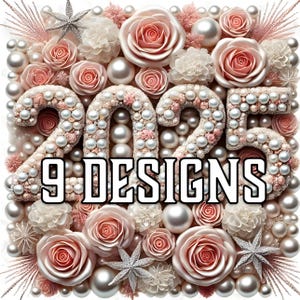 Clipart nouvel an rose argenté 2025 élégant Art numérique floral décoration de fête de luxe PNG Procreate Scrapbook Graphics Perles Rose Planner Sticker