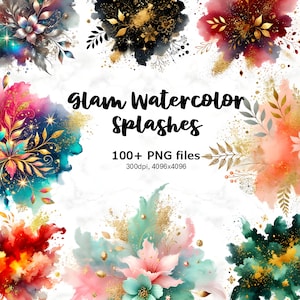 100+ Watercolor Splashes Clipart, Abstract Glitter Brush Strokes, Digital Paint Strokes, Gold Glitter PNG, Art Overlay, Glam Ink Splashes