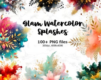 Watercolor Splashes Clipart: Gold Glitter Ink Strokes (PNG Digital Download)