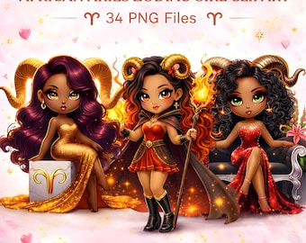 Aries Zodiac Girl Clipart, African Fashion Illustrations (34 PNG Files)
