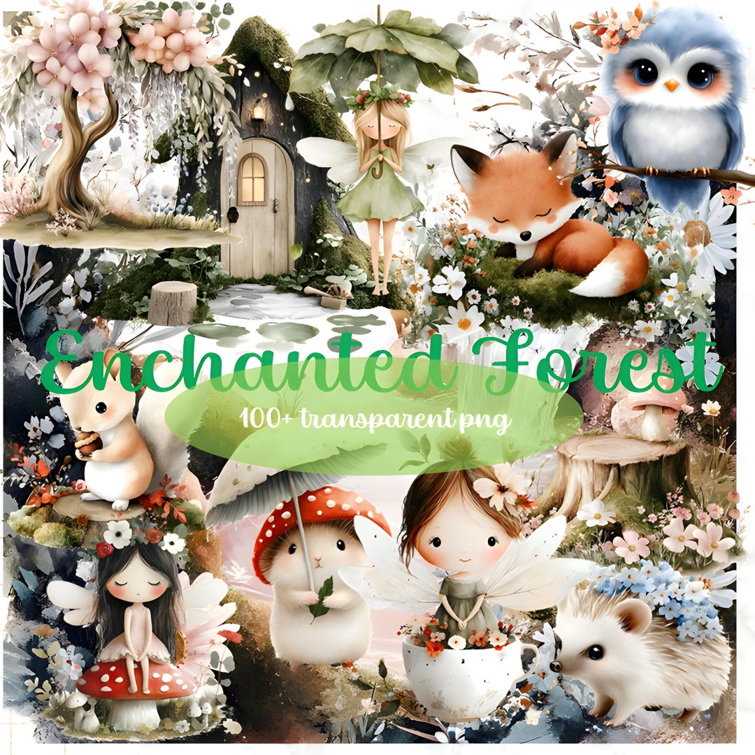 Enchanted Forest Clipart Bundle: Fairies, Woodland Animals (100+ PNG ...