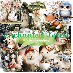 Enchanted Forest, 100+ Whimsical Fairy Bundle Graphics, Woodland Animals and Mushrooms PNG, Cottagecore Digital Stickers, Sublimation Art