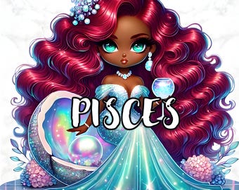 African Pisces Zodiac Girl Clipart – Black Astrology PNG Bundle, Mermaid Zodiac Art, Sublimation Design