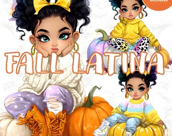 Watercolor Autumn Girl Clipart Bundle: Latina Kids, Pumpkins (PNG Files, Commercial License)