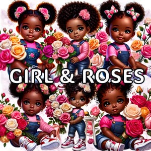 17 Clipart di ragazze afroamericane, bouquet floreali di rose carine, adesivi digitali PNG per scrapbooking, inviti, artigianato, uso commerciale