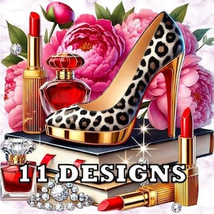 Lot de sublimation glamour talons léopard, talons hauts imprimé léopard, rouge à lèvres livres glamour, clipart PNG DTF, Illustration tendance Chic