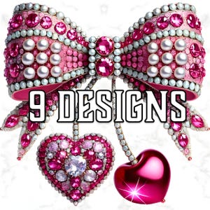May include: A pink jeweled bow with pearls and a heart-shaped pendant with a red cherry charm. The text "9 DESIGNS" is in the center of the image.