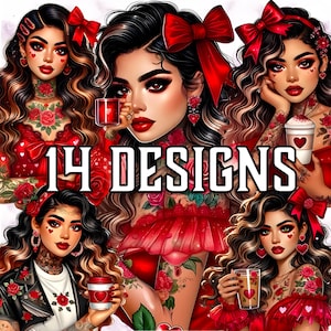 May include: Four digital illustrations of women with red hair and red lips. Each woman is wearing a red dress and has a red bow in her hair. The women are holding various items, including a cup of coffee, a glass of wine, and a bouquet of flowers. The text "14 DESIGNS" is in the center of the image.