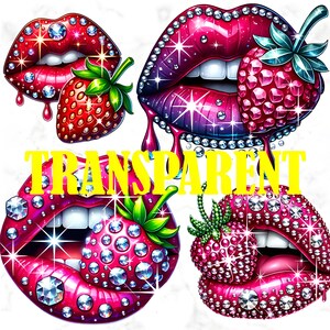 Puede incluir: Ilustraci&oacute;n digital con cuatro pares de labios en tonos rojos y rosas, adornados con brillantes pedrer&iacute;a. Cada par de labios est&aacute; emparejado con una fresa. La palabra "TRANSPARENT" est&aacute; escrita en amarillo en la imagen.