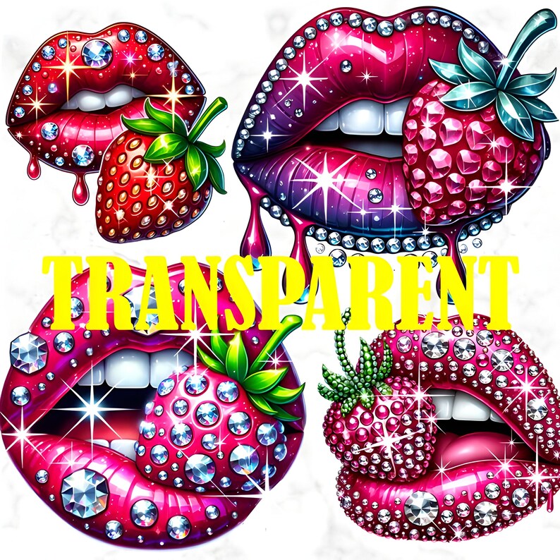 Puede incluir: Ilustraci&oacute;n digital con cuatro pares de labios en tonos rojos y rosas, adornados con brillantes pedrer&iacute;a. Cada par de labios est&aacute; emparejado con una fresa. La palabra "TRANSPARENT" est&aacute; escrita en amarillo en la imagen.