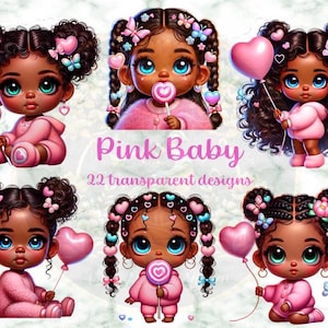 Pacchetto di clipart di bambine afroamericane rosa carine, bambine afro con cuori e palloncini, arte digitale di neonati dolci, download di PNG, uso commerciale